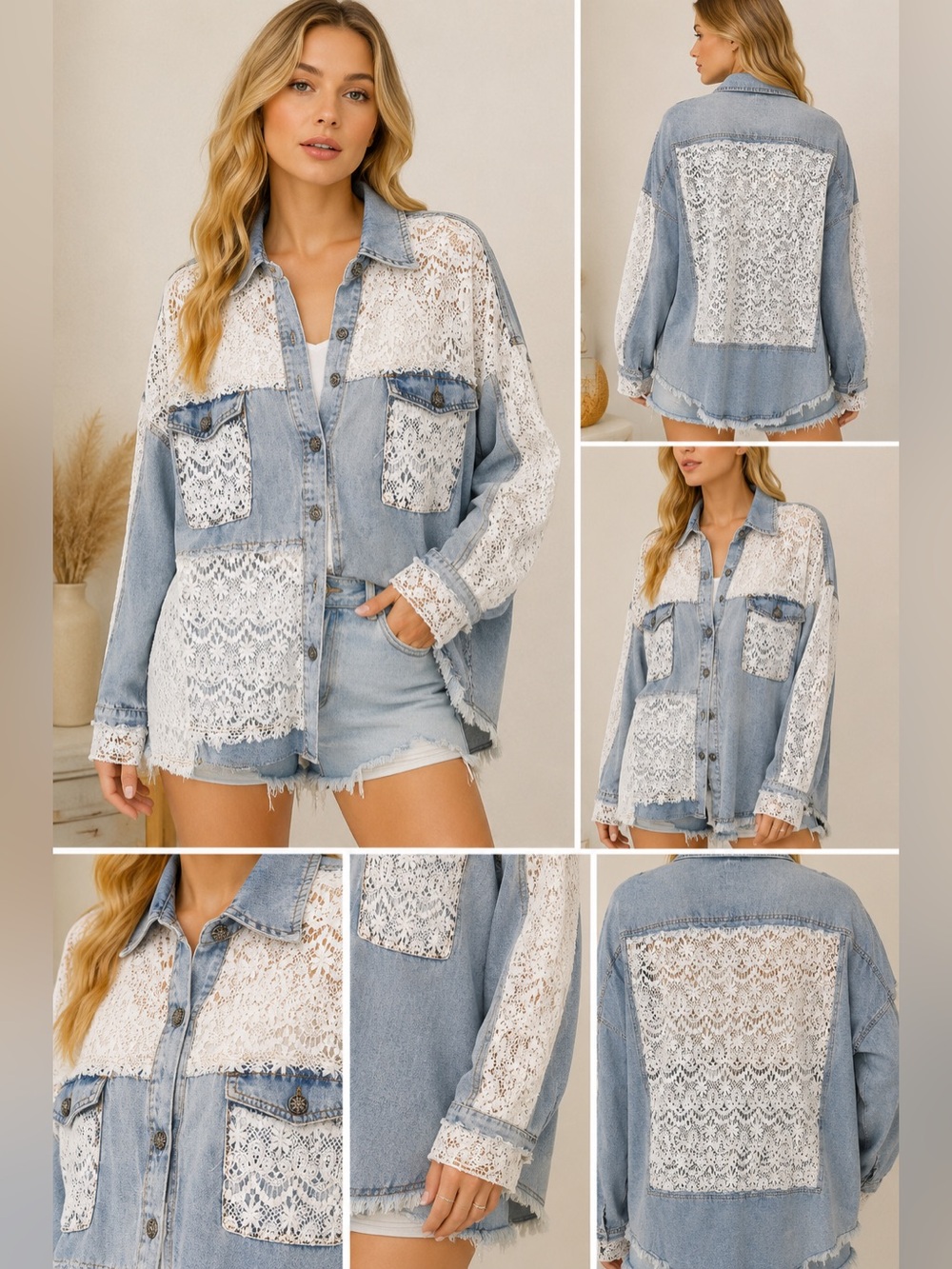 POL Lace Crochet Denim Button Down Shacket Oversized Boho Jacket Small